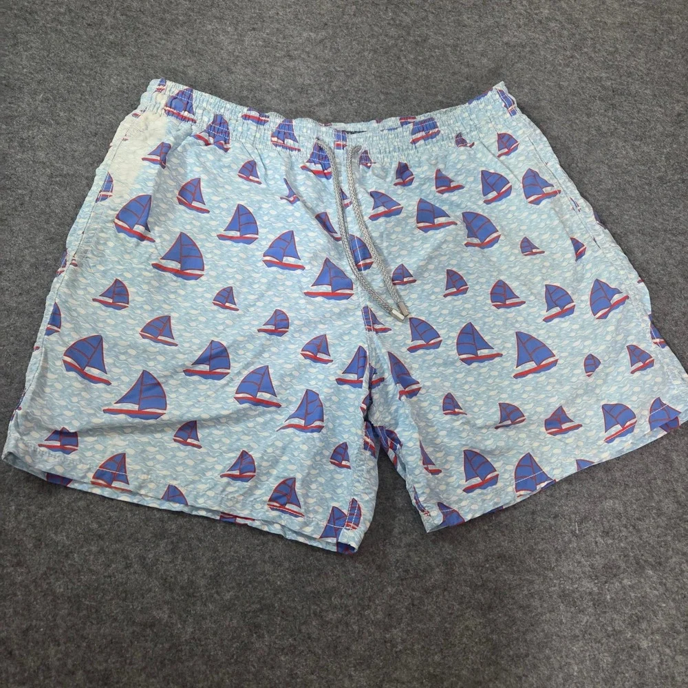 Vilebrequin Moorea Sailboat Print Swim Trunks Mens XL Blue Red Nautical Shorts